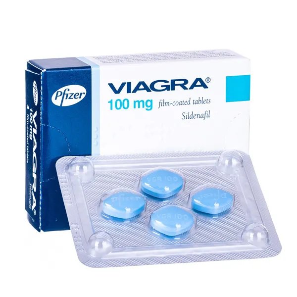 Viagra 100 mg film kaplı tablet kutusu ve dört mavi tabletli blister